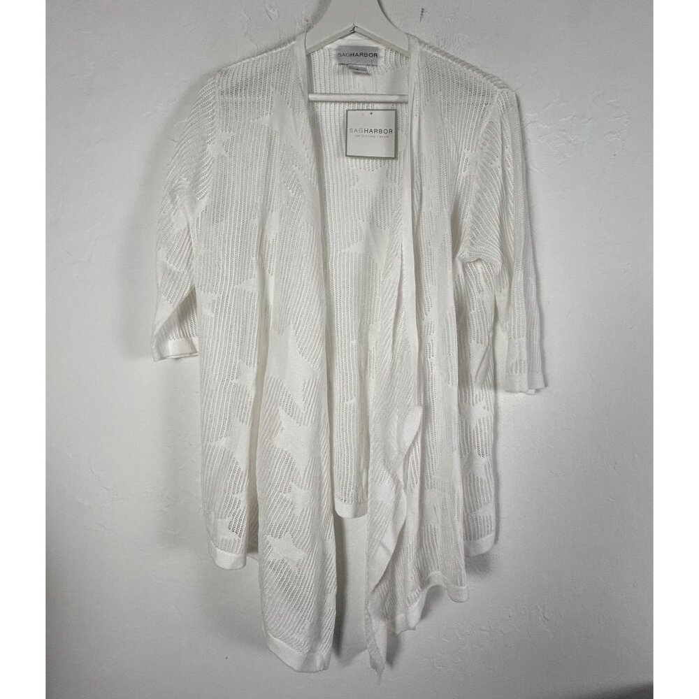 Sag Harbor Womens White Star Pattern Knit Cardigan Sweater Small Lightweight New